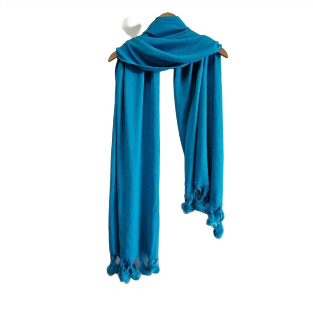 Beautiful Turquoise Winter Scarf Hijab Shawl Wrap With Real Fur Pompoms